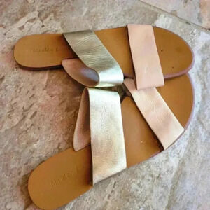 Maiden Lane women's sandals slides, sz 8.5, gold and tan straps, $12